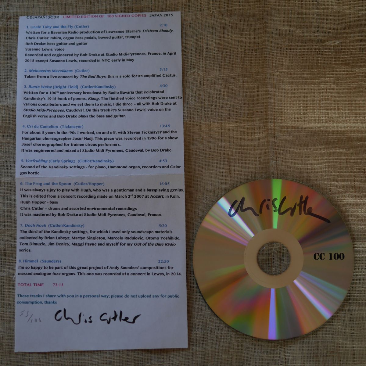 クリス・カトラーのサインの入ったCD-R『CC100』